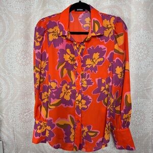 BTFBM Button Down Blouse Bright Color Hibiscus Size Small